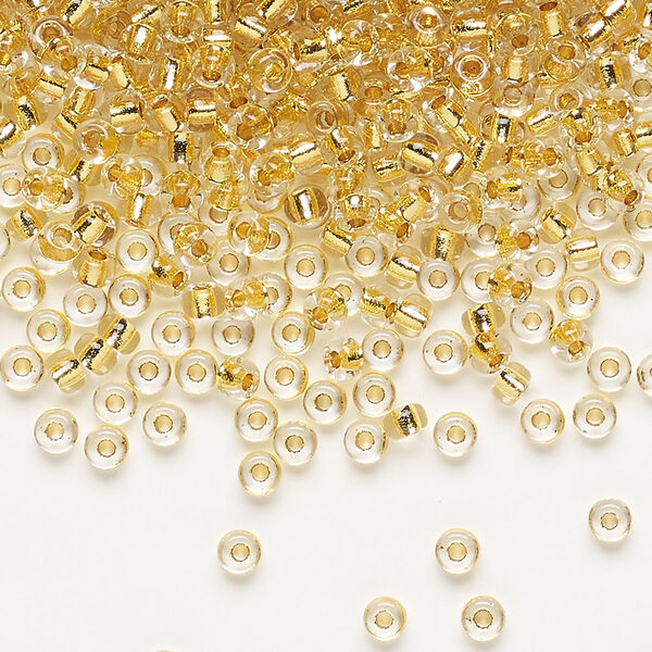 Seed bead, Miyuki, glass, pkg/4g, #8 rocaille, translucent 24Kt gold-lined crystal gold, (RR-195). image number 0