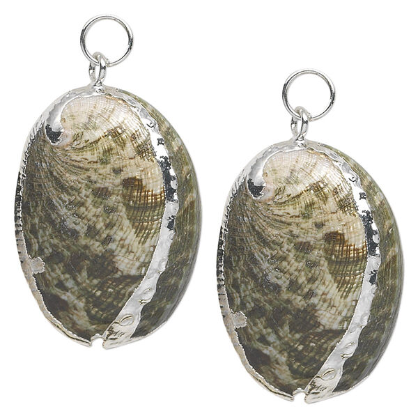 Focal, abalone shell (coated) and silver-plated steel, green and iridescent white, 31x20mm shell with jump ring. Sold per pkg of 2. image number 0
