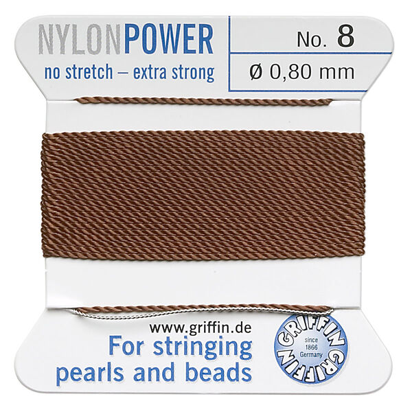 Thread, Griffin, nylon, brown, size #8. Sold per 2-meter card (approximately 78 inches). image number 0