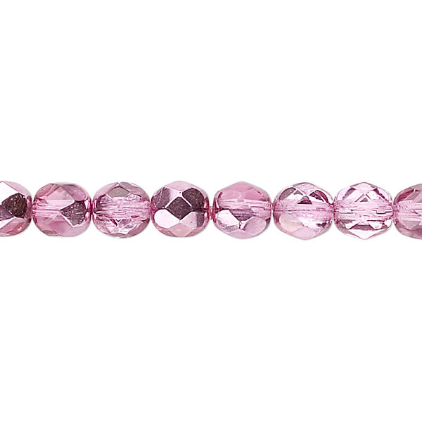 Bead, Czech fire-polished glass, opaque to transparent clear with half-coat metallic watermelon, 6mm faceted round. Sold per 15-1/2" to 16" strand. image number 0