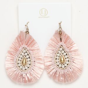 Earring 1pkg2 acrylic / paper / antique gold-finished stainless steel and brass, pink / light pink / peach, 3 inches with beading and fan fringe with fishhook ear wire, 21 gauge, 1 pair.