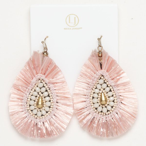 Earring 1pkg2 acrylic / paper / antique gold-finished stainless steel and brass, pink / light pink / peach, 3 inches with beading and fan fringe with fishhook ear wire, 21 gauge, 1 pair. image number 0