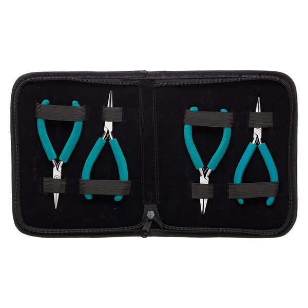 Pliers set, Wubbers® Baby, pkg/set of 4, chain-nose / round-nose / flat-nose / curved chain-nose, stainless steel and rubber, teal green, 4.625 to 4.75 inches with 7.5 x 6-inch case. image number 0