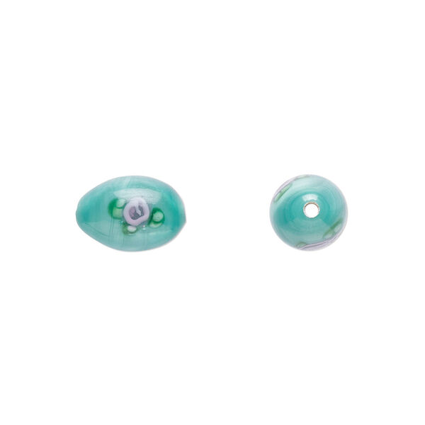 Bead, Czech lampworked glass, opaque green and pink, 9x6mm-10x7mm olive with flower design. Sold per pkg of 4. image number 0