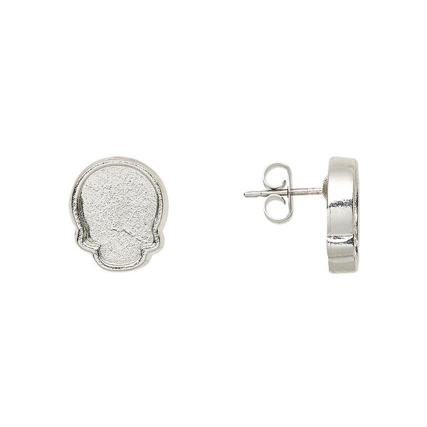 Earstud, Almost Instant Jewelry®, imitation rhodium-plated "pewter" (zinc-based alloy), 12x10mm skull with 10x7.5mm flat back skull glue-in setting. Sold per pair. image number 0