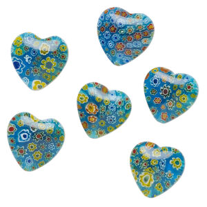 Bead, millefiori glass 1pkg6, translucent aqua blue and multicolored, 24-26mm puffed heart.