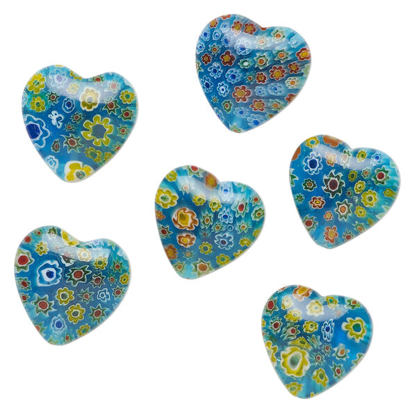 Bead, millefiori glass 1pkg6, translucent aqua blue and multicolored, 24-26mm puffed heart. image number 0