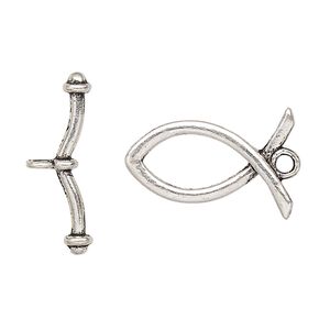 Clasp toggle 1pkg4 silver-plated "pewter" (zinc alloy), 23x15mm Christian fish, antique 1-strand