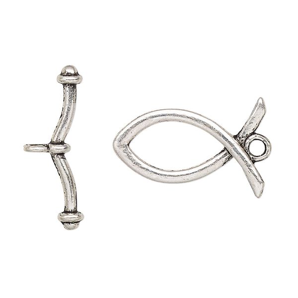 Clasp, toggle, antique silver-plated "pewter" (zinc-based alloy), 23x15mm Christian fish. Sold per pkg of 4. image number 0