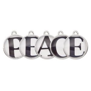 Drop, silver-finished "pewter" (zinc-based alloy) and plastic, black and white, 20mm single-sided domed flat round with "PEACE." Sold per 5-piece set.