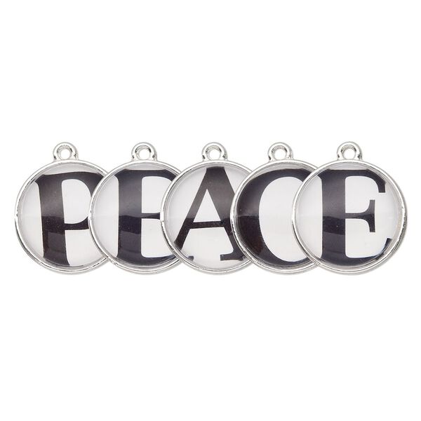Drop, silver-finished "pewter" (zinc-based alloy) and plastic, black and white, 20mm single-sided domed flat round with "PEACE." Sold per 5-piece set. image number 0