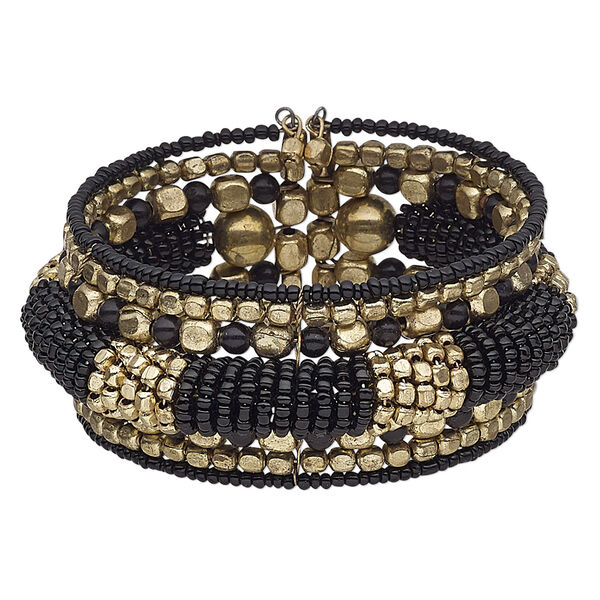 Bracelet, cuff, glass / steel memory wire / gold-finished steel, black, 33mm wide, adjustable from 7-8 inches. Sold individually. image number 0