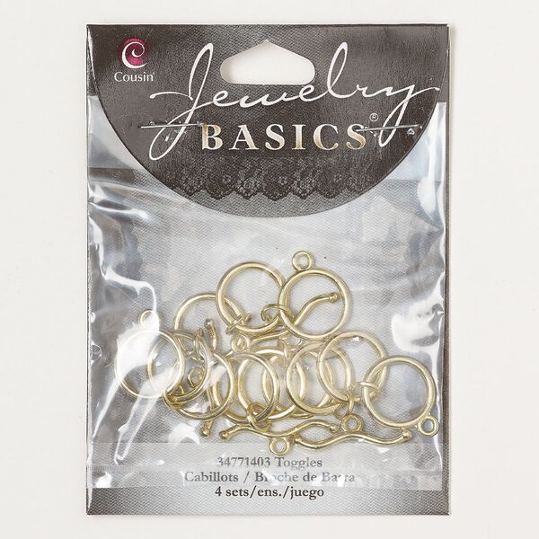 Clasp toggle 1pkg4 "pewter", 15mm round, gold-finished steel 1-strand image number 0