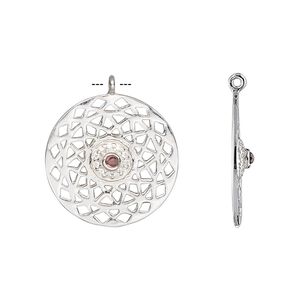 Drop, garnet (natural) / cubic zirconia / sterling silver, clear, 19.5mm single-sided flat round with cutout design. Sold individually.