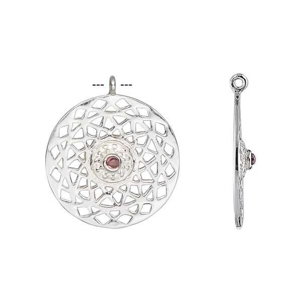 Drop, garnet (natural) / cubic zirconia / sterling silver, clear, 19.5mm single-sided flat round with cutout design. Sold individually. image number 0