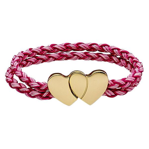 Bracelet, 2-strand, imitation leather and gold-finished "pewter" (zinc-based alloy), pink and dark pink, 7mm wide braided round with 30x17mm double heart, 6-1/2 inches with magnetic clasp. Sold individually. image number 0