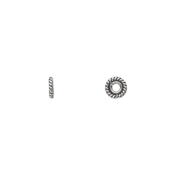 Bead, antiqued sterling silver, 5x1mm rope rondelle. Sold per 1/4 troy ounce pkg, approximately 55-60 beads. image number 0