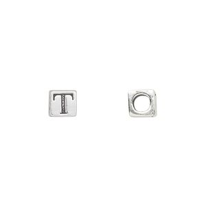 Bead, sterling silver, 5.5mm cube with alphabet letter "T." Sold individually.