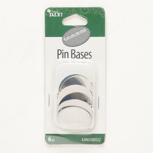 Pinback, steel, pkg/6, silver finish, 26mm round setting.