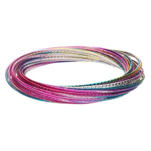 Bracelet, bangle, painted steel, metallic multicolored, 12mm wide with (30) interlocking textured bands, 8 inches. Sold individually.