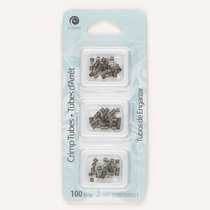 Crimp, gunmetal-finished brass, 2mm tube, 1.3mm inside diameter. Sold per pkg of 100.