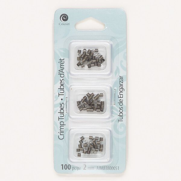 Crimp, gunmetal-finished brass, 2mm tube, 1.3mm inside diameter. Sold per pkg of 100. image number 0
