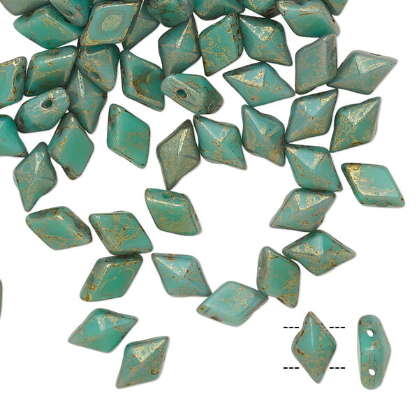 Bead, DiamonDuo™, Czech pressed glass, opaque luminous pecan green turquoise, faceted diamond with flat back and (2) 0.7-0.8mm holes. Sold per 10-gram pkg, approximately 70 beads. image number 0