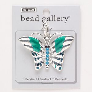 Pendant, silver-finished "pewter" (zinc-based alloy) / enamel / glass, blue / black / teal, 60x41mm butterfly. Sold individually.