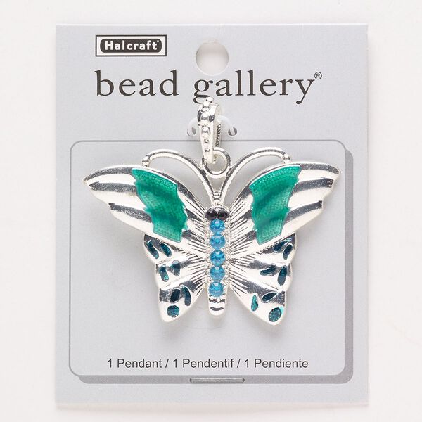 Pendant, silver-finished "pewter" (zinc-based alloy) / enamel / glass, blue / black / teal, 60x41mm butterfly. Sold individually. image number 0