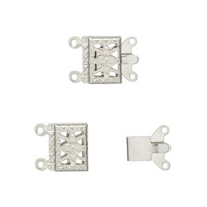 Clasp tab 1pkg10, 10x7mm filigree rectangle, stainless steel 2-strand