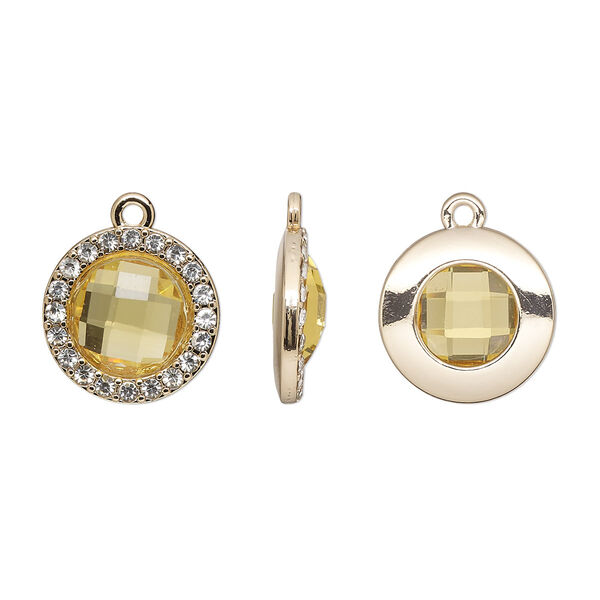 Drop, glass / glass rhinestone / gold-finished "pewter" (zinc-based alloy), clear and transparent citrine yellow, 17mm single-sided round. Sold per pkg of 2. image number 0