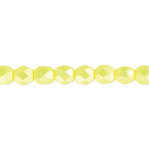 Bead, Czech fire-polished dipped décor glass, opaque pearlescent light yellow, 6mm faceted round. Sold per 15-1/2" to 16" strand.