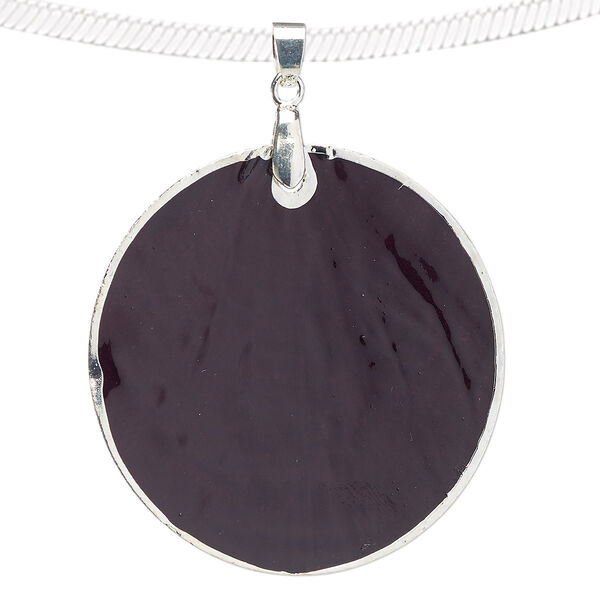 Pendant, Capiz shell (dyed / coated) with silver-finished copper and "pewter" (zinc-based alloy), black, 49-50mm round. Sold per pkg of 2. image number 0