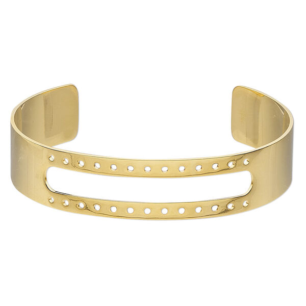 Bracelet component, cuff, gold-plated brass, 1/2 inch wide with 46x6mm open rectangle and 26 holes, adjustable from 6-1/2 to 7-1/2 inches. Sold individually. image number 0