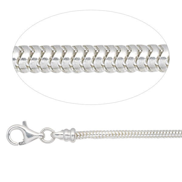 Chain, sterling silver, 2mm snake, 8-1/2 inches with lobster claw clasp and (2) 4mm twist-off end caps. Sold individually. image number 0