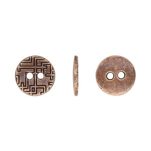 Button, antiqued copper-finished "pewter" (zinc-based alloy), 12mm single-sided flat round with geometric design. Sold per pkg of 50.