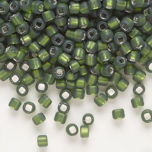 Seed bead, Dyna-Mites™, glass, silver-lined translucent matte olive green, #6 round with square hole. Sold per 40-gram pkg.