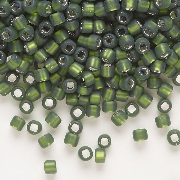 Seed bead, Dyna-Mites™, glass, silver-lined translucent matte olive green, #6 round with square hole. Sold per 40-gram pkg. image number 0