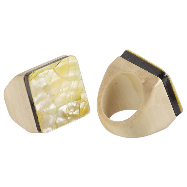 Ring, Everyday Jewelry, Taiwanese cheesewood, yellow and black, 17mm square, size 7. Sold individually. image number 0