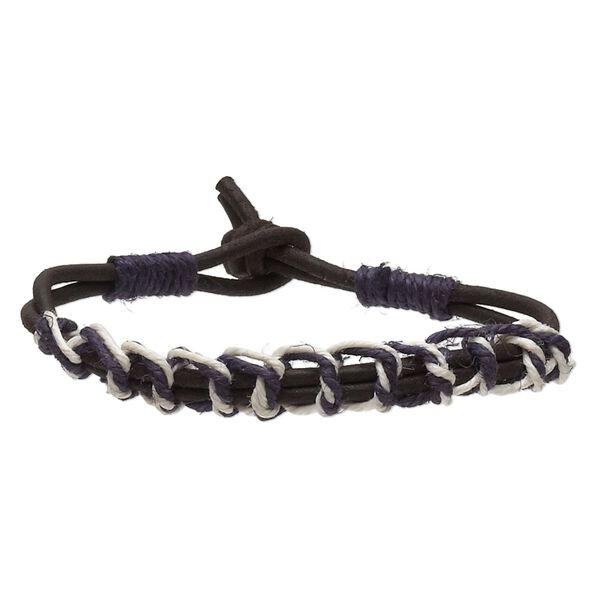 Bracelet, leather (dyed) / waxed cotton cord / flax, dark brown / navy blue / white, 8mm wide knotted design, 7 inches with knot closure. Sold per pkg of 2. image number 0