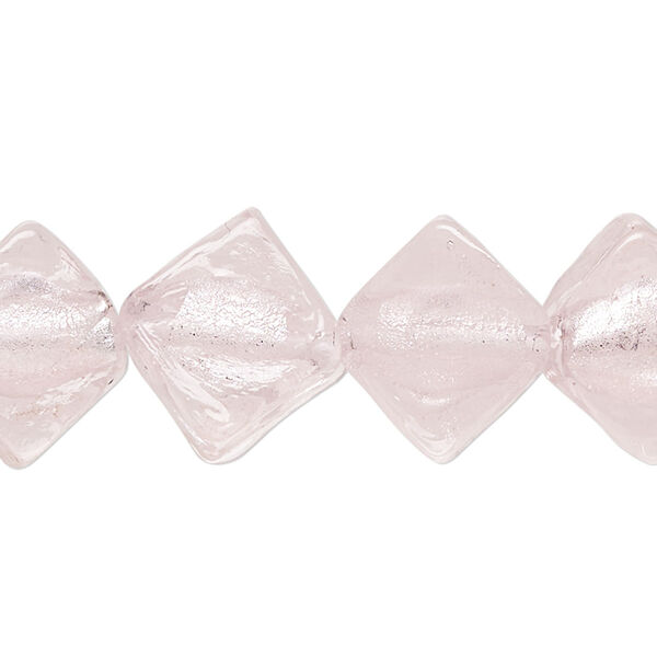 Bead, glass, opaque pink, 16x13mm flat diamond with silver-colored foil. Sold per 8-inch strand, approximately 10 beads. image number 0