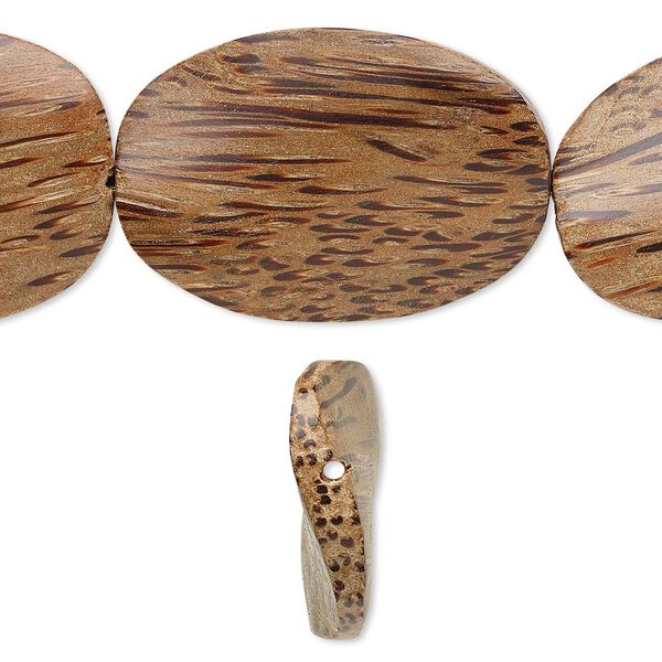 Bead, coconut palm wood (waxed), 40x28mm hand-cut twisted flat oval. Sold per 15-1/2" to 16" strand. image number 0