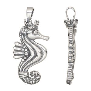 Pendant, antiqued sterling silver, 31x17mm seahorse with crown. Sold individually.