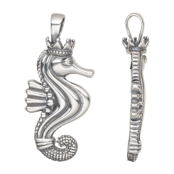 Pendant, antiqued sterling silver, 31x17mm seahorse with crown. Sold individually. image number 0