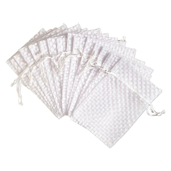 Pouch, organza, white, 6x4 inches with dots pattern and drawstring closure. Sold per pkg of 12. image number 0