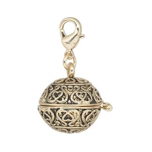 Drop, antique gold-finished "pewter" (zinc-based alloy), 18mm round prayer box with swirl design and magnetic closure with lobster claw clasp. Sold individually.
