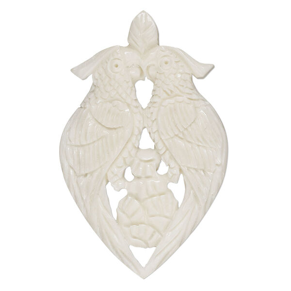 Focal, camel bone (bleached), white, 55x35mm side-drilled double parrot, Mohs hardness 2-1/2. Sold individually. image number 0