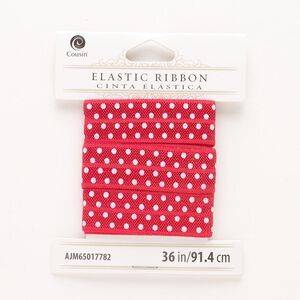 Cord, elastic, pkg/36 inches, 17mm flat with dot design, red and white.