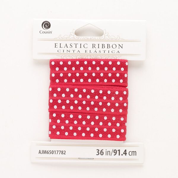 Cord, elastic, pkg/36 inches, 17mm flat with dot design, red and white. image number 0