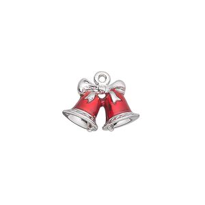 Charm, enamel and silver-plated "pewter" (zinc-based alloy), red, 16.5x12mm double-sided bells with bow. Sold individually.